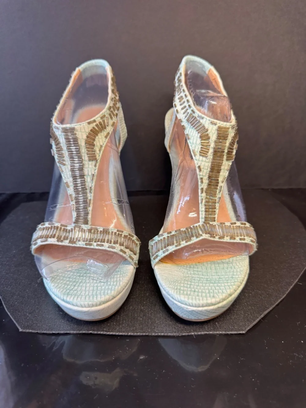 Theme Mint Green/Blue Snake Emb Beaded Wedge Sandals Size 6 T-Strap Heels